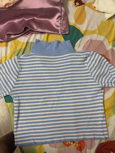 Blue Striped Ribbed Polo Top