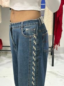 Blue Wide Leg Designer Lace Jeans Embroidered