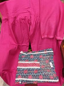 Block Print Pink Kurti Set with Bottom And Dupatta