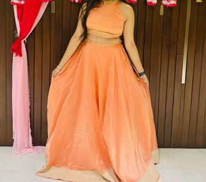 Peach Halter Crop Top & Skirt Set With A Jacket