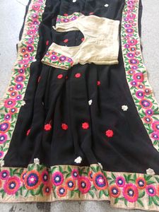 Black Saree with Embroidered Floral Border
