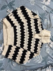 White and Black Striped Knit Crop Sweater