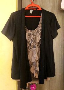 Brown Patterned Blouse with Black Cardigan