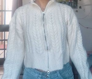 Cream Cable Knit Zip-Up Sweater