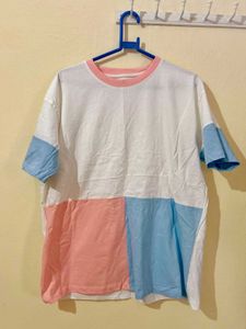 White Blue Colourblocked Round Nck Tshirt