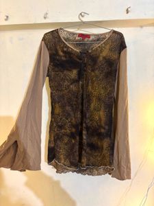 Brown Patterned Lace-Up Blouse