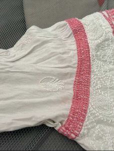 White &amp; Pink Chikenkari Cutdana Work Kurta