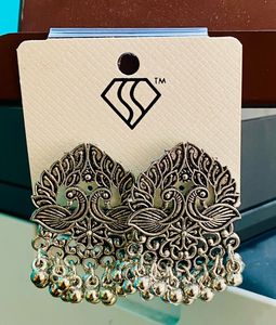 Silver Tone Peacock Jhumka Earrings