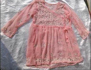 Beutiful Peach Chikankari Mirror Work Kurti/ Tunic