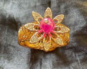 Gold & Pink Flower Statement Bracelet