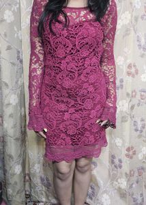 Burgundy Lace Mini Dress with Long Sleeves
