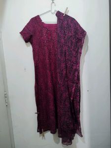Dark Pink Fern Print Kurta Pajama Dupatta Black