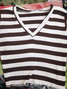 Brown &amp; White Striped V-Neck Top