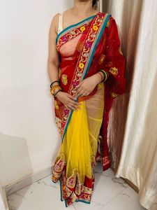 Stunning Red &amp; Yellow Embroidered Net Saree