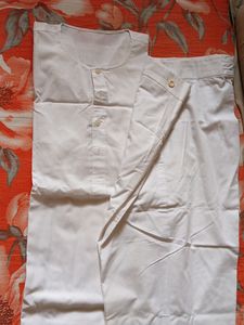 White Mens Long Kurta Set With Lengha