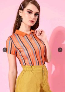 Dressberry Women Orange Striped Collar Tshirt