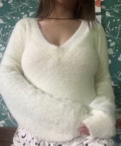 V Neck White Sweater