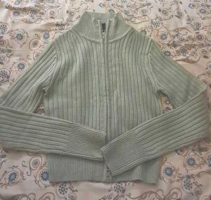 [Sage Green] H&M Ribbed Knit Zip-Up Jacket