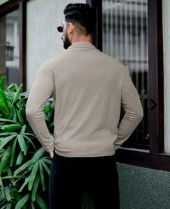 Beige Color Polo neck Patterned Tshirt With Zipper