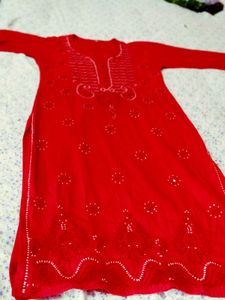 Red  Chikenkari Kurtawith New Saree Free