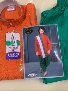 Kids&#39; Orange and Green Kurta Pajama Set