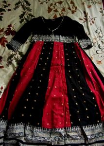 Elegant Black &amp; Red Anarkali Dress