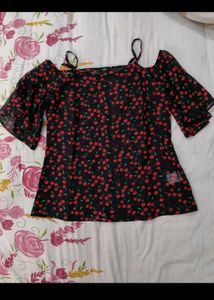Cherry Print Cold Shoulder Top