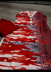 Red &amp; White Printed Kurti Set
