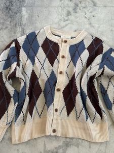 Argyle Pattern Round Neck Cardigan Sweater