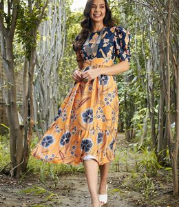 ATHENA - Mustard Yellow &amp; Blue Floral Dress