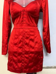 Bebe Branded Padded Red Corset Satin  Dress