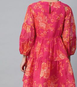 Vibrant Floral Pink Dress with Puff Sleeves