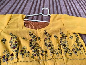 Yellow Embroidered Front Open Kurti