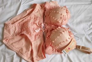 Peach Laced Bra Set