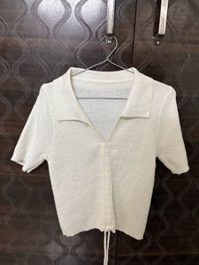 White Knit Polo Top