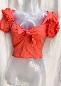 182812. Coral Tie-Front Crop Top