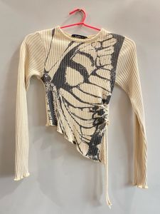 Abstract Print Ribbed Asymmetric Top