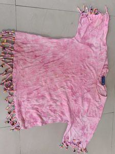 Pink Tie-Dye Tunic Top With Beaded Fringes