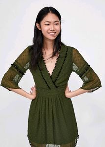 Zara Olive Green Sheer Mini Dress