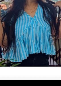 Blue Striped Flutter Sleeve Top