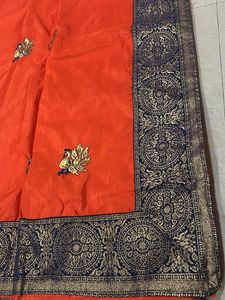 Cotton Blend Orange Saree