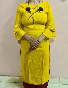 Yellow Bell-Sleeve Kurti - Bead Work - Size L