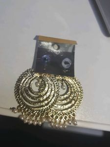 Golden &amp; Black Earrings With Tiny Pearl