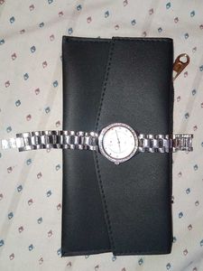 black clutch and guess watch