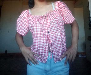 Red &amp; White Gingham Off-Shoulder Top