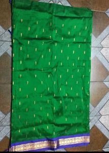 Green & Gold Dot Print Fabric Pattu Saree