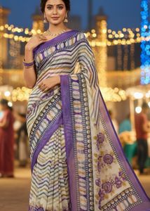 Elegant Purple & White Printed Saree