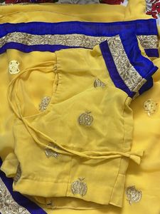 Elegant Yellow &amp; Blue Sari With Zari Thread Work