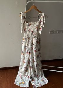 Floral White Cotton High-waisted Jumpsuit