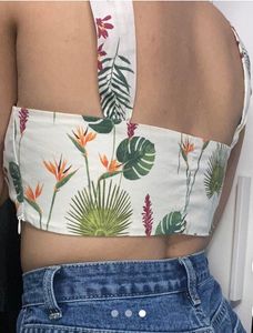 leaf and flower print crop top with side zipper